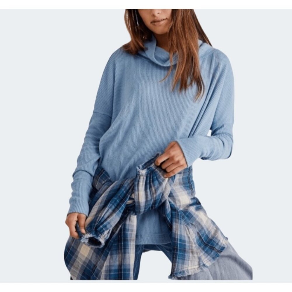 Free People Juicy Ribbed Dusty Blue Cowl Neck Sweater Loose Fit Small